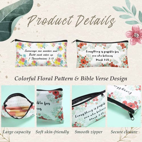 Sabary 12 Pcs Christmas Makeup Bags Gifts for Women Bulk Christian Bible Verse Cosmetic Bags Pencil Pouch Inspirational Flower Cosmetic Pouch Religious Church Gifts for Mom Sister(7.8 x 3.8 Inch)