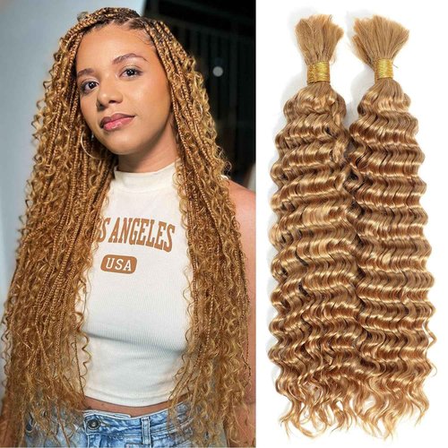 Xddnamei Deep Wave Human Braiding Hair 2 Bundles Total 100g 18 Inch 27# Honey Blonde Braiding Human Hair Brazilian Virgin Hair Bundles for Boho Braids