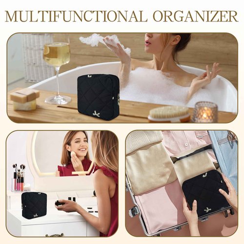 AMZMA Small Floral Quilted Makeup Bag, Coquette Aesthetic Travel Toiletry Organizer for Women, Lightweight Cotton Cosmetic Pouch