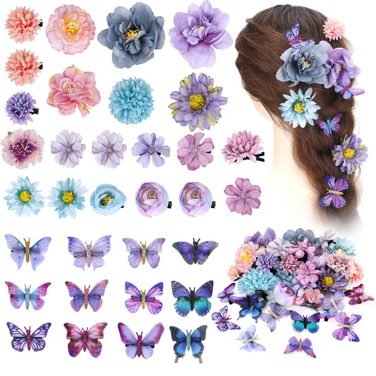 KorViSHOW 33 Pieces Flower Clip with Butterfly Clip Set Handmade Rose Hair pins Bride Hair Claw Clip Colorful Butterfly Barrettes for Women Girls(Blue Purple)