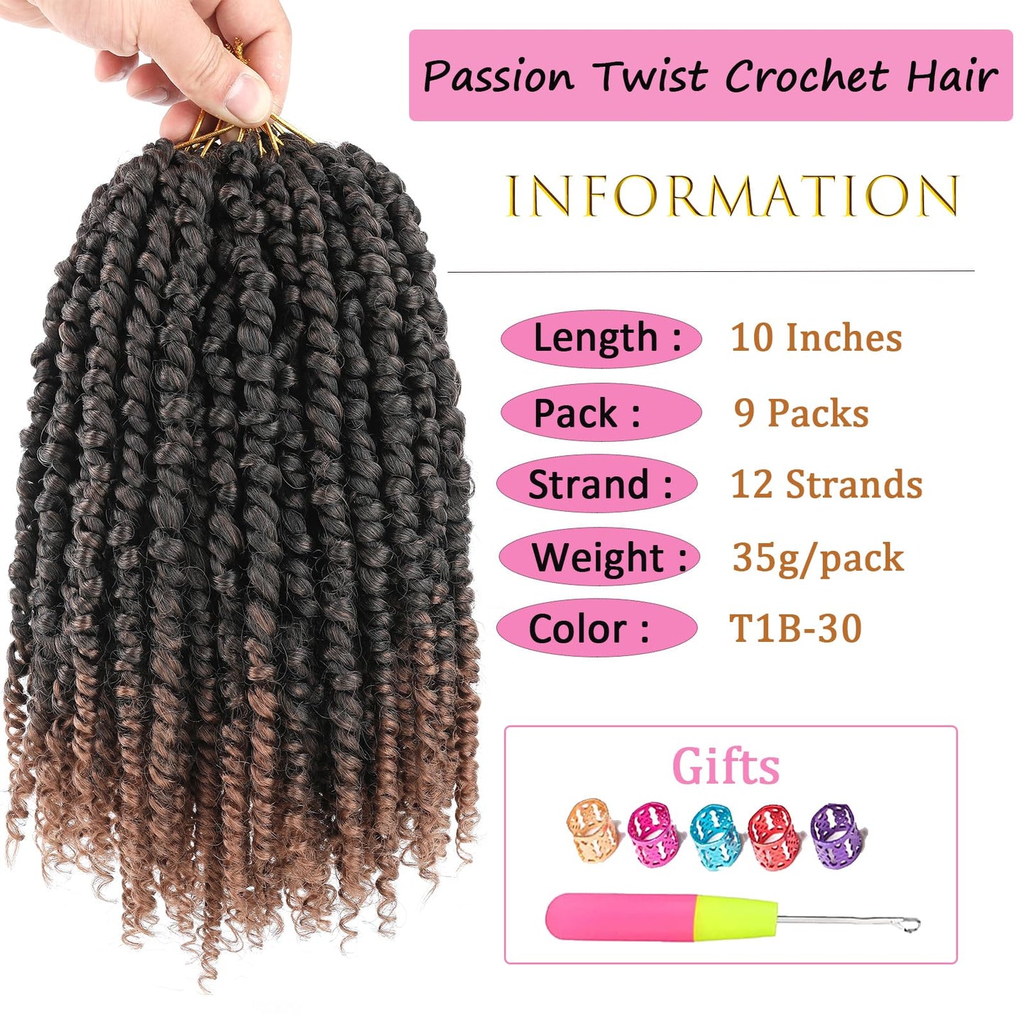 Passion Twist Hair 10 Inch 9 Packs Passion Twist Crochet Hair for Black Women Pre Looped Short Passion Twist Hair Pre-twisted Bohemian Passion Twists Braiding Hair for Kids and Girls (10 Inch,1B)