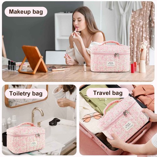 GISMTR Makeup Bag, Floral Quilted Cosmetic Bag, Large Travel Aesthetic Make up Bag, Cute Coquette Toiletry Bag for Women Girls