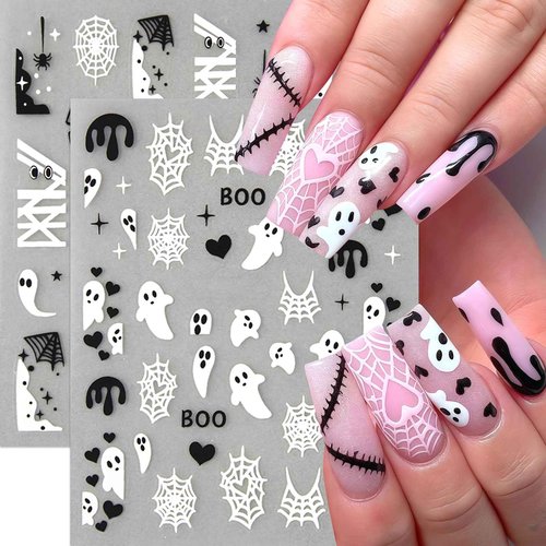8 Sheets Spider Nail Art Stickers Halloween Ghost Nail Decals 3D Self-Adhesive Black White Heart Spider Web and Rhinestones Spiders Nail Design Acrylic Nails Decoration for Women Holiday Nail Charm