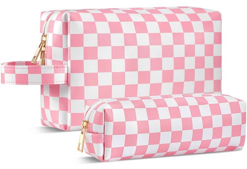 2Pcs Makeup Bag for Women, Large Checkered Cosmetic Bags with Small Makeup Brushes Bag Set, Cute Leather Make Up Organizer with Zipper, Travel Skincare Toiletry Storage Pouch for Teen Girls Gift(Pink)