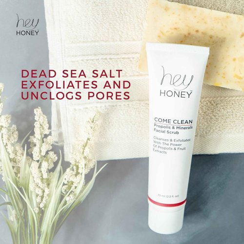 Hey Honey Skincare Propolis and Dead Sea Salt Microdermabrasion Facial Scrub For Sensitive Skin | Non-Abrasive Exfoliating Aimed Brighten Acne Scars, Remove Blackheads & Dead Skin Cells | 2.2 oz