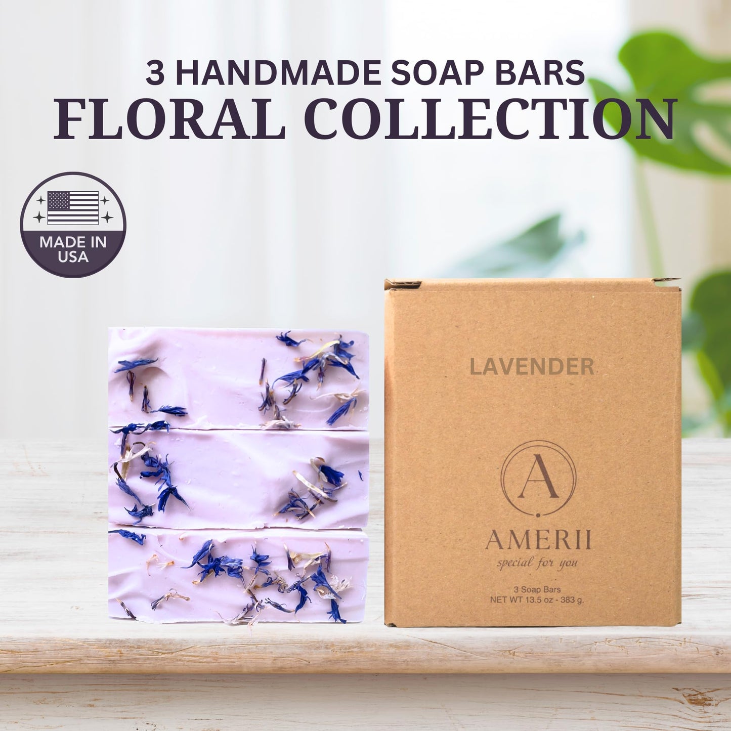 Amerii Floral Soap Bar - Artisan All-Natural Handmade Soap (3 Pack) - Organic Body and Face Soap Bar, Cold Pressed- Vegan Natural Bar Soap- Essential Oils Lavender- Rose - Jasmine 13.5onz