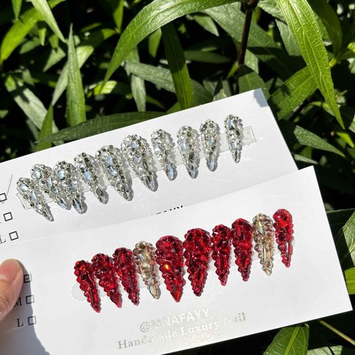 MNAFAYY Luxury Gems 100% Handmade Nails Long Stiletto Press On Nails Full Cover 3D Rhinestone Crystal Gorgeous Reusable UV Finished Fake False Nails Acrylic Nail Kit With Box Gifts for Women10PCS