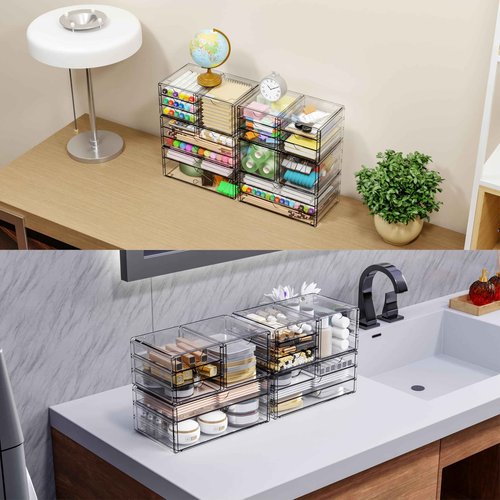 Yieach 2 Pack Acrylic Drawer Organizer With 6 Drawers,Stackable 11.1” Large Clear Storage Drawers and Makeup Organizer For Vanity,Bathroom Countertop,Cabinet,Pantry,Office Supply Storage Bins Drawers