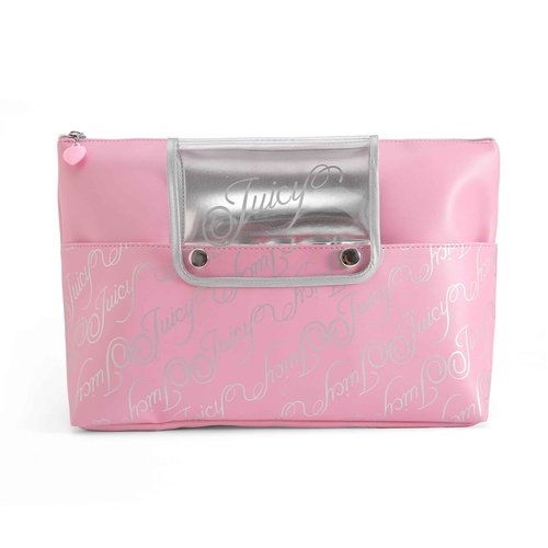 Juicy Couture Pink Makeup Bag Cosmetics Organizer Travel Essentials Removable Brush Holder Retro Style Faux Leather