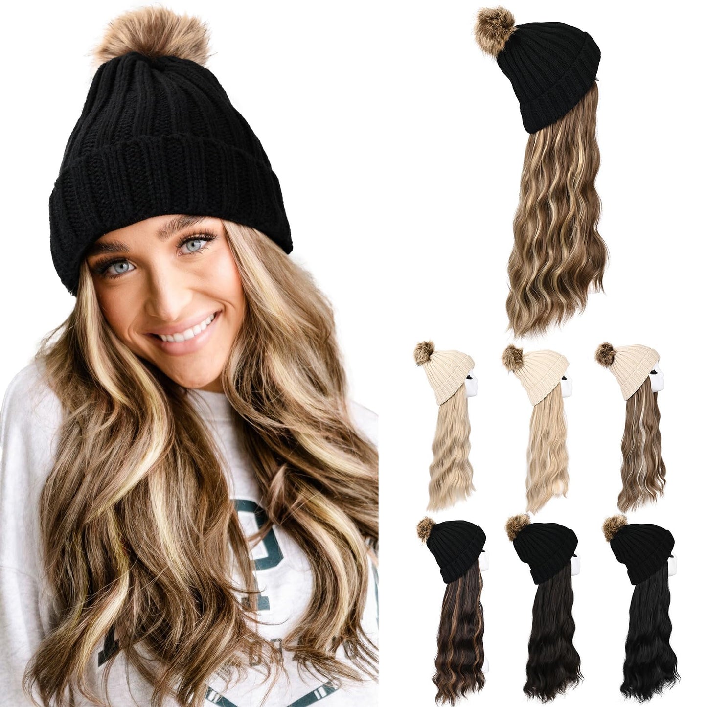 HOOJIH Hat Wig, Hat with Hair Long Wavy Curly Warm White Beanie Hat Wig with Faux Fur Pom Hat Attached 12 Inch Synthetic Hairpiece for Women Girls Winter - Light Golden Blonde with White Blonde