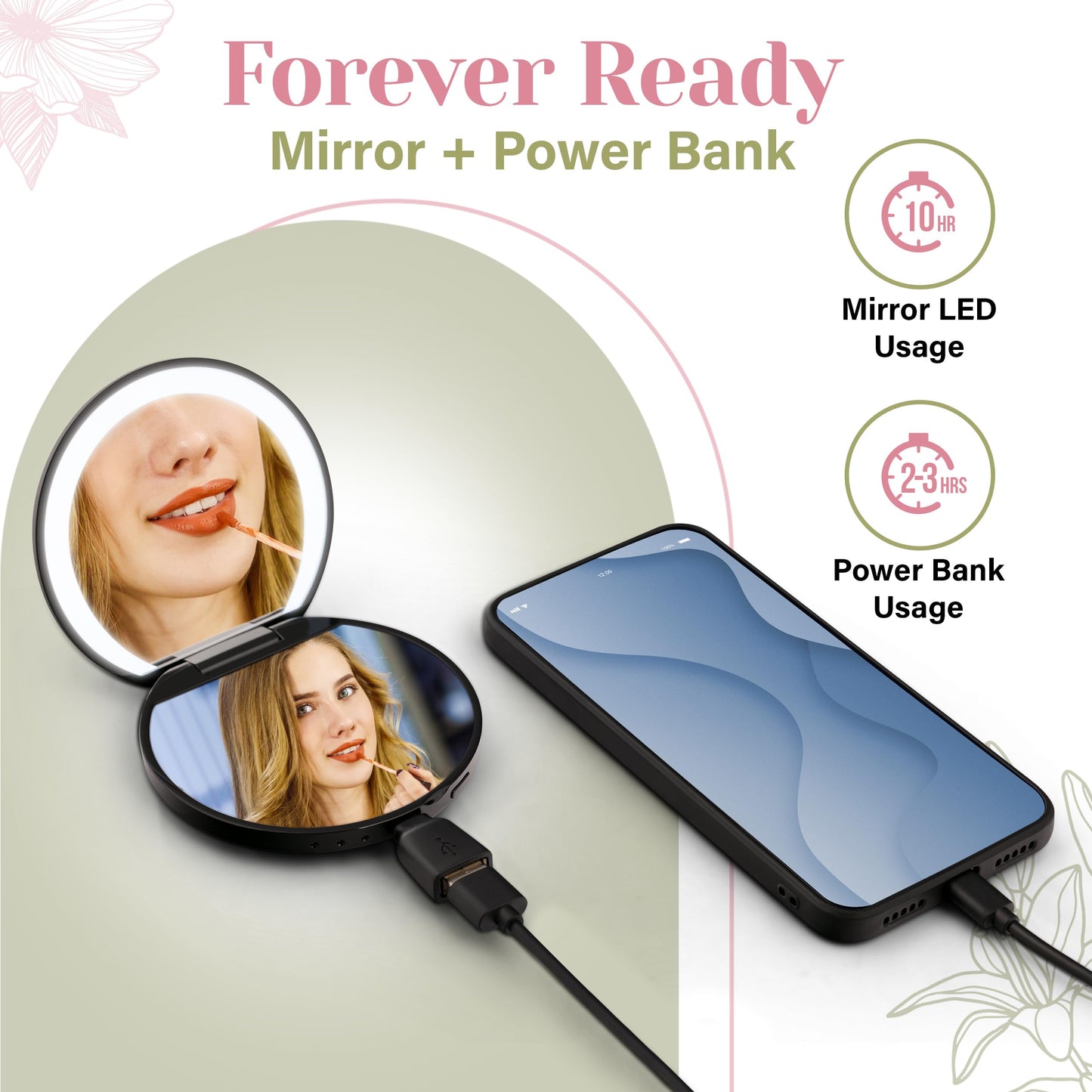 BoldAct Compact Mirror with Light 1X/3X Magnification LED Travel Makeup Mirror with Light and Power Bank Rechargeable, Dimmable Lighted Portable Makeup Mirror for Purse 2-Sided Folding Mirror, Black