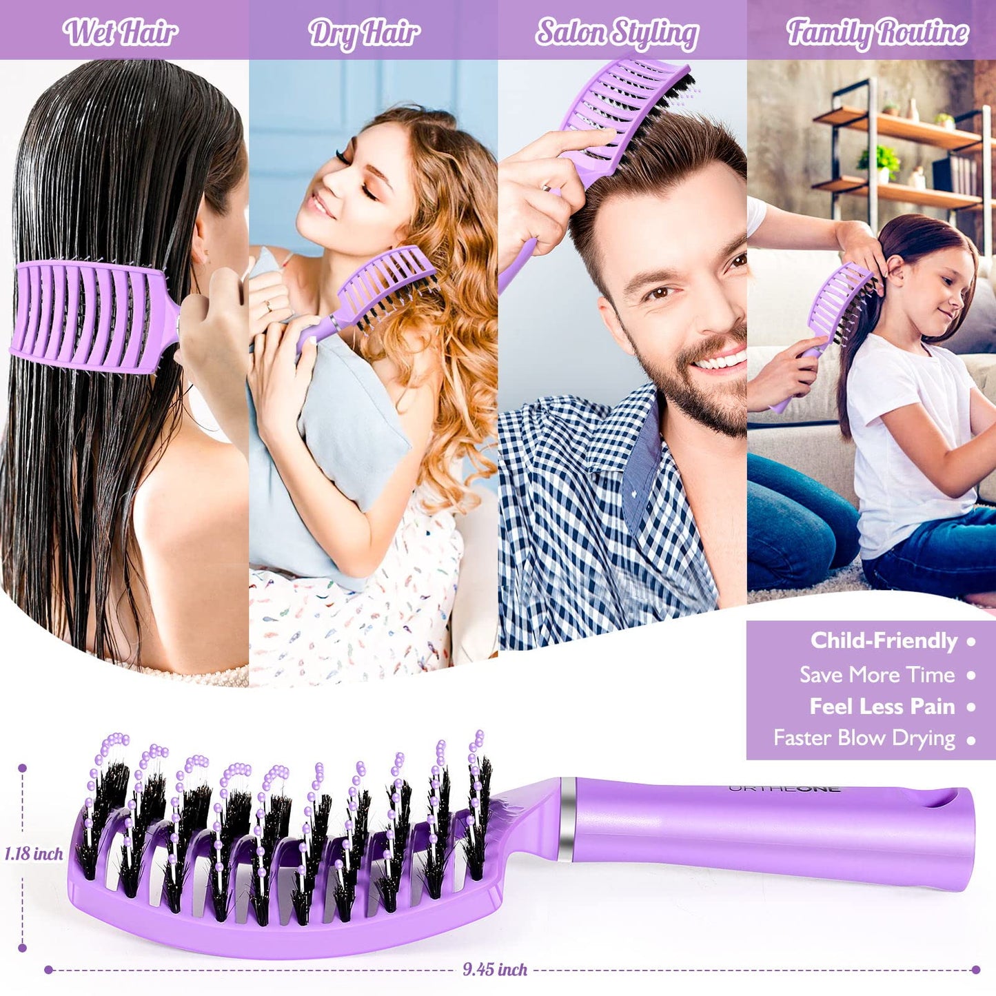 Hair Brush,URTHEONE Detangling Hairbrush Boar Bristle Curved Vented Hair Brush for Women Men Kids Curly Thick Long Short Wet or Dry Hair, Faster Blow Drying (2Pack, Pink&Purple)