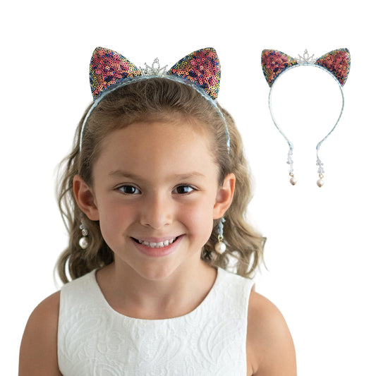 Summer Crystal Girl Sequins Cat Ears Headband with Earring Pendants For Birthdays, Halloween and Parties (Holographic)