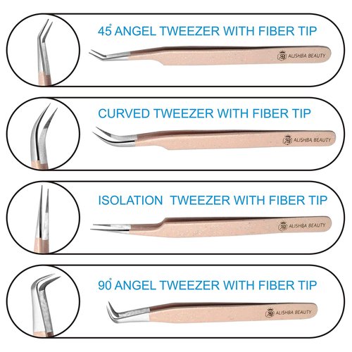 LUMESS Alishba Beauty Eyelash Extension Tweezers, Precision Fiber Tip Grip Japanese Stainless Steel (Set of 4 Eyelash Tweezer) (GLITTER PEACH PINK)