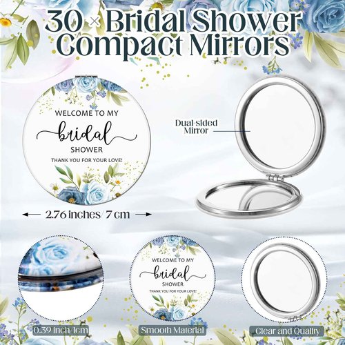 XunYee 30 Sets Bridal Shower Favors for Guests Flower Design Makeup Mirrors Leather Compact Mirrors Bridal Thank You Cards with Organza Bags Bridesmaid Gifts Wedding Party Favors Supplies (Blue)