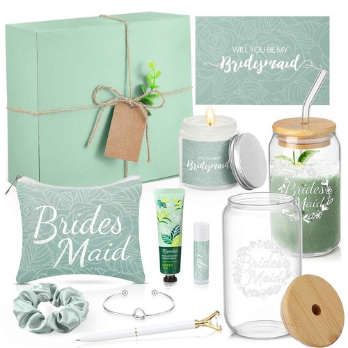 Meanplan 14 Pcs Bridesmaid Proposal Gifts Set, Will You Be My Bridesmaid Gifts with Proposal Box Glass Cup Makeup Bag Cards Lip Balm Hand Cream Candle Scrunchie Bracelet Diamond Pen for Wedding(Green)