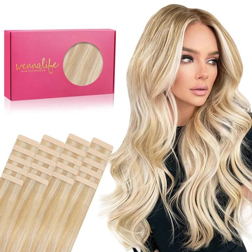 WENNALIFE Tape in Hair Extensions Human Hair, 20pcs 50g 18 inch Dirty Blonde Highlighted Bleach Blonde Remy Hair Extensions Straight Human Hair Tape in Extensions Skin Weft Extensions Hair