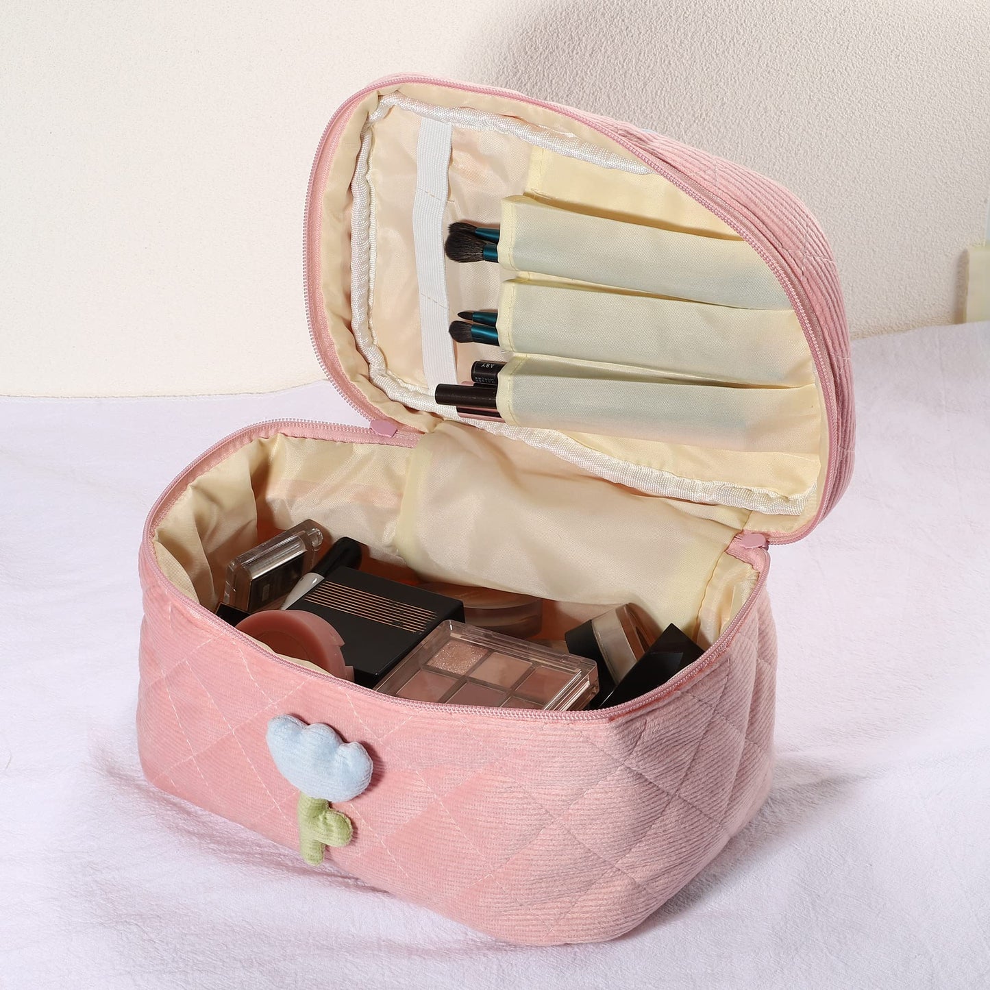 VOCOSTE Corduroy Makeup Bag, Large Travel Cosmetic Bag Quilted Toiletry Bag Aesthetic Cute Tulip Flower Pattern Makeup Bag for Women, Pink