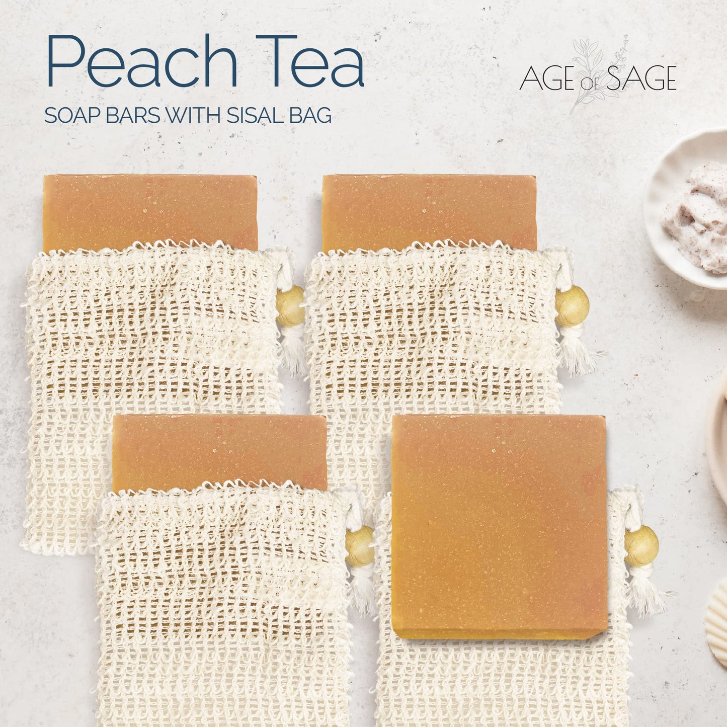 Age of Sage Natural Soap Bar w/Sisal Bag, Vegan Artisan Soap Bar Set for Women, Body Soap in Bar Soap Pouch, Natural Bath Soaps w/Essential Oils, 4 Plain Body Soap Bars, Peach Tea