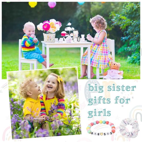 Sieral 4 Pcs Big Sister Gifts for Girls Cute Big Sister Makeup Bag 14oz Stainless Steel Tumbler Scrunchies Bracelet for Little Girls of Age 2-8 New Baby Birthday Baby Shower (Rainbow, Multicolor)