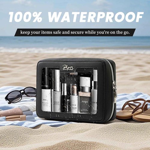 Clear Makeup Bag Cosmetic Case: Small Make up Bags for Purse - TSA approved Toiletry Bag for Women - Waterproof Travel Pouch with Zipper - Cute Makeup Organizer Skincare Bag for Car (Black)