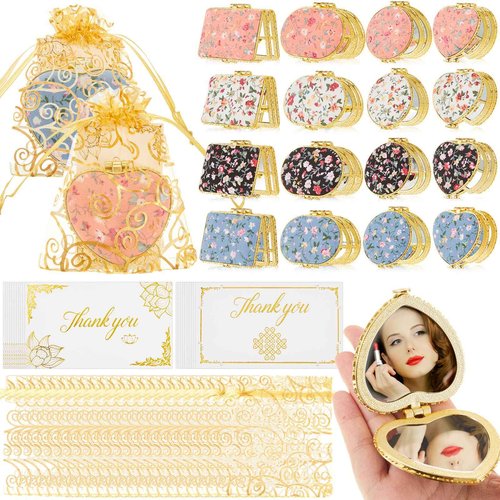 Jetec 32 Sets Indian Return Gifts for Pooja Bulk, Diwali Gifts Bulk, Floral Gold Edge Compact Mirrors for Women, Retro Folding Pocket Makeup Mirror Set with Bags & Cards for Diwali