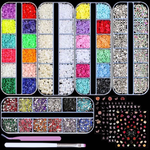 5 Boxes Gold & Silver Metal Nail 3D Punk Studs Star Moon Heart Triangle Square Rivet Gems Nail Art Jewels with a Curved Tweezers and a Nail Brush and a Wax Pen Picker (6-Rhinestones kit-3)