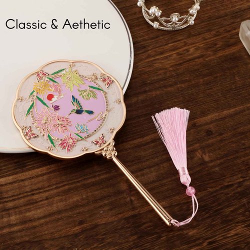 Dsgvw Hand Mirror, Handheld Mirror with Hummingbird Embossed Patterns, Elegant Metal Hand Craft Makeup Mirror, Beautiful Gift Value, Compact and Portable (Hummingbird Gold)