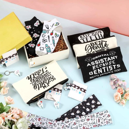 Blushtier 40 Pcs Dental Hygienist Gifts Set Dental Assistant Gift Dentist Appreciation Gifts Include Cosmetic Bags Socks Keychains Headbands Hair Ties Women Patients Dental Assistant Week Accessories