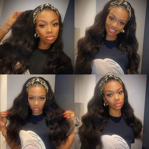 catti Headband Wig Human Hair Body Wave Headband Wigs for Black Women Brazilian Virgin Hair Glueless None Lace Front Half Wigs Human Hair Wear and Go Headband Wigs 150% Density (18" Headband wigs)