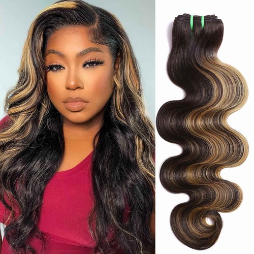HERMOUS 13A Double Drawn FB/27 Human Hair Bundles Body Wave Blonde Highlight Color, Honey Blonde with Black Single Bundle Human Hair 100% Unprocessed Hair Colored Single Bundle Wavy Sew In 10 Inch