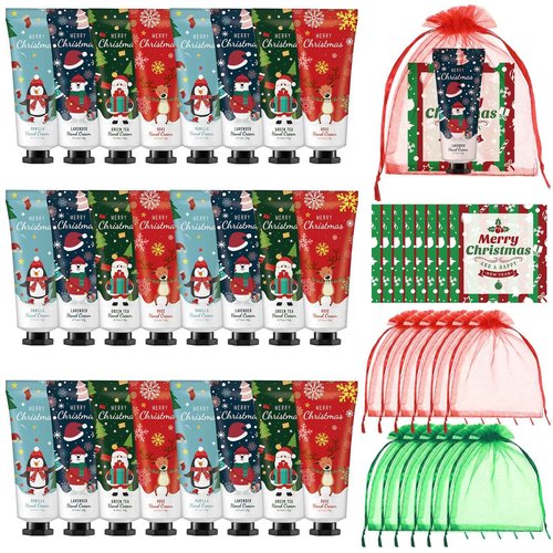 Heigble 24 Set Christmas Hand Lotion Gift Bulk Christmas Hand Cream Travel Size Xmas Stocking Stuffers Holiday Mini Lotion with Organza Bag Greeting Card Party Supplies for Employee Coworkers Gifts