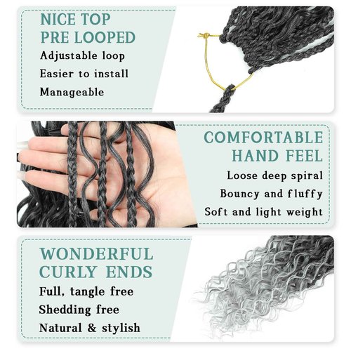 LIYATE 24 Inch Grey Crochet Hair for Women 7 Packs Goddess Box Braids Crochet Hair Pre Looped Synthetic Bohomian Crochet Braids with Curly Ends Braiding Hair Extensions, 1B/Gray