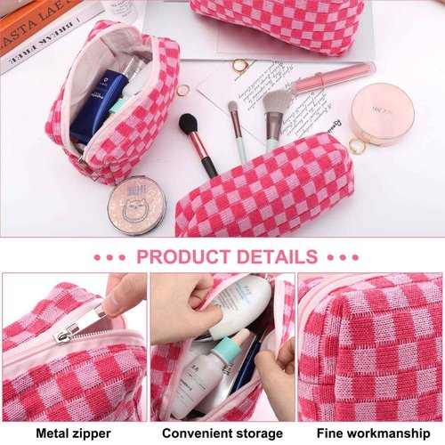 EIMMBD Makeup Bag 3 Pieces Large Capacity Checkered Cosmetic Bags Canvas Travel Toiletry Bag Organizer Cute Makeup Pouch Storage for Women(Rose)