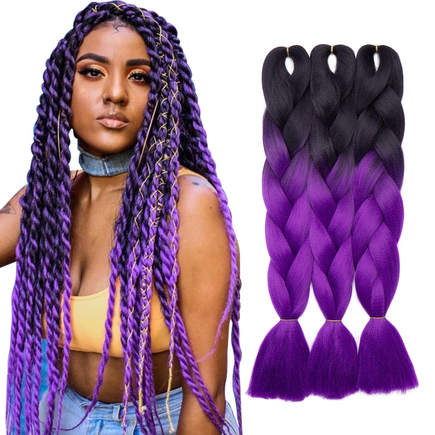 24 Inch Ombre Jumbo Braiding Hair Extensions Jumbo Braid Hair Ombre Long Jumbo Braids For Box Twist Braid Crochet Hair High Temperature Fiber 3 Tone Colored (5 Bundles, Black to Dark Purple)