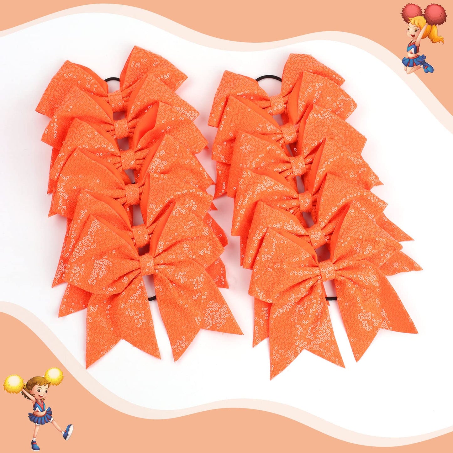 Oaoleer 12PCS 7" Large Glitter Cheer Hair Bows Ponytail Holder Elastic Band Handmade for Cheerleading Teen Girls College Sports (Sequin Orange 12PCS)