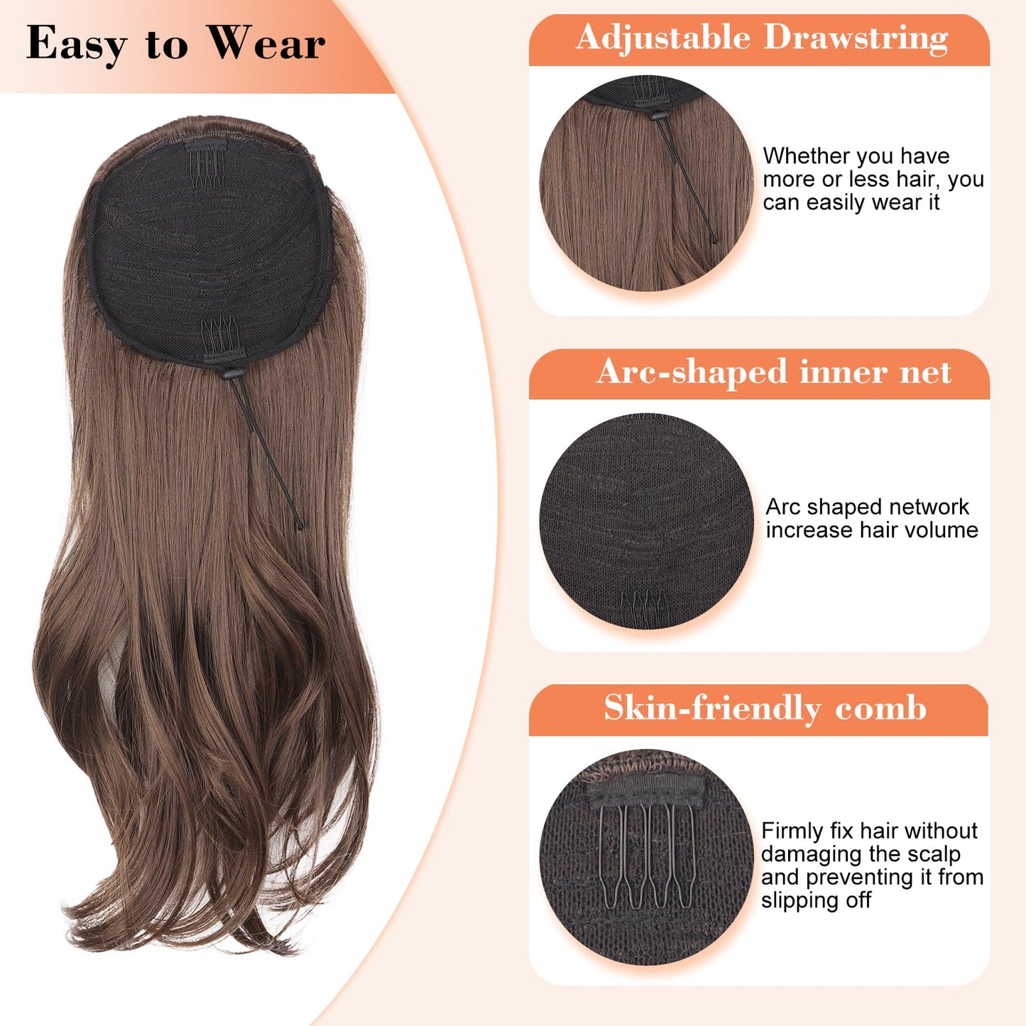 QGZ Drawstring Ponytail Extension for women Long Wavy Straight Pony Tails Hair Extension 18 Inch Natural Synthetic Hairpiece for Girls Kids(Light Brown Mix Ash Blonde)