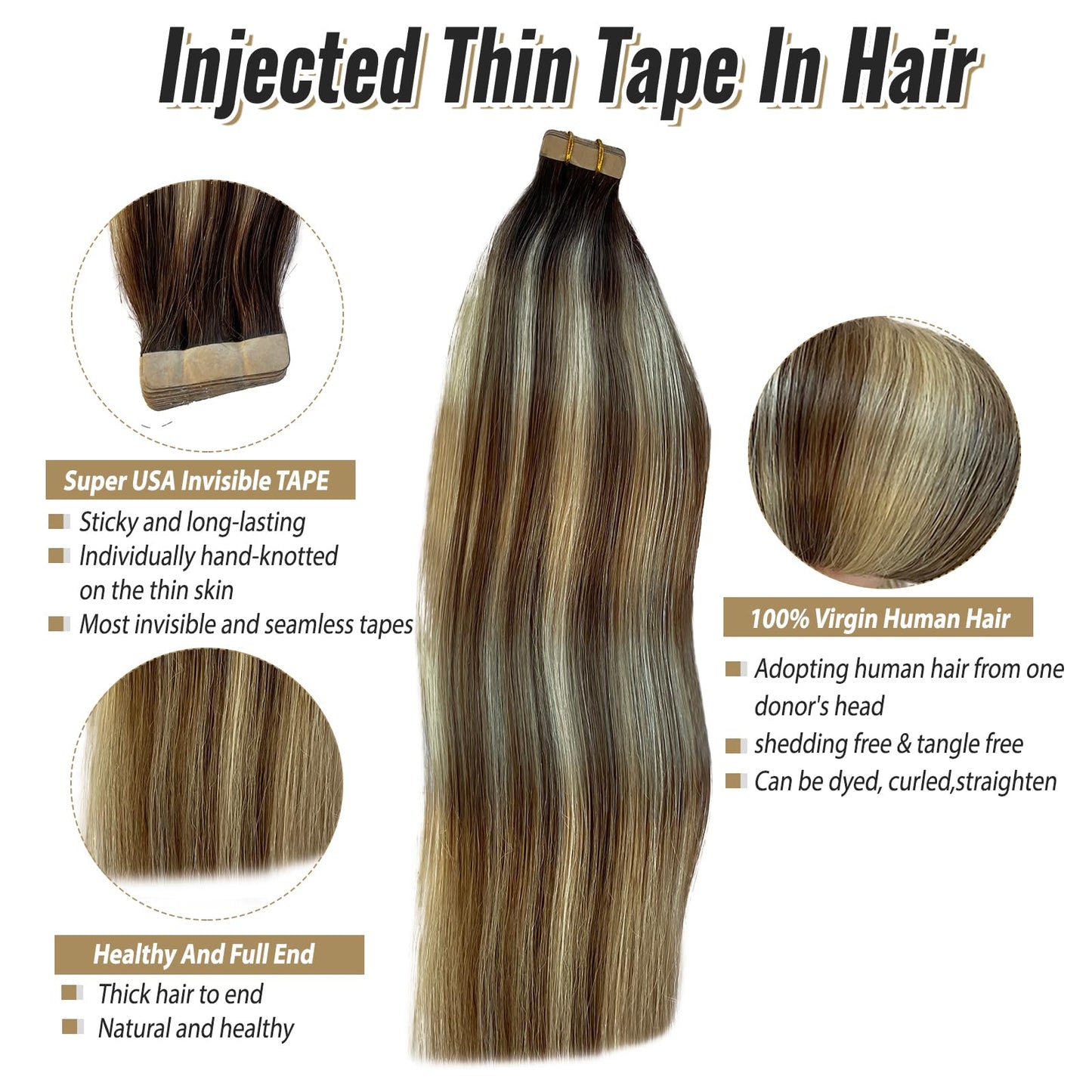 Munx Tape in Hair Extensions Human Hair 20 inches Silky Straight Remy Human Hair Seamless Skin Weft Hair Extensions Tape in Ash Brown and Bleach Blonde Hair Extension