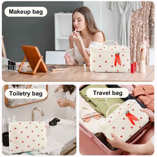 GISMTR 3PCS Makeup Bag Set, Quilted Cosmetic Bag, Large Travel Aesthetic Make up Bag, Cute Coquette Toiletry Bag for Women Girls