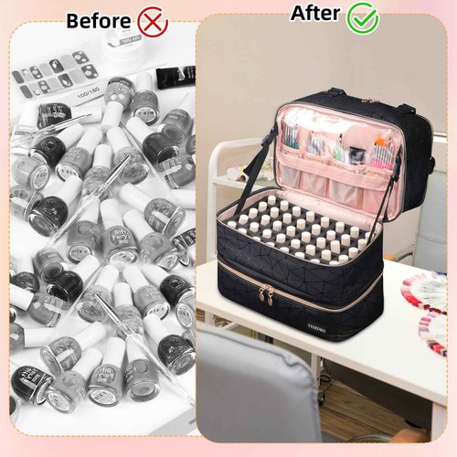Veirdro Nail Polish Organizer Hold 90 Bottles (15ml/0.5fl.Oz)& Nail Lamp, Three Layer Nail Supplies Organizer Case with Holder& Shoulder Strap, PU Leather Nail Kit Organizers and Storage Bag (Black)