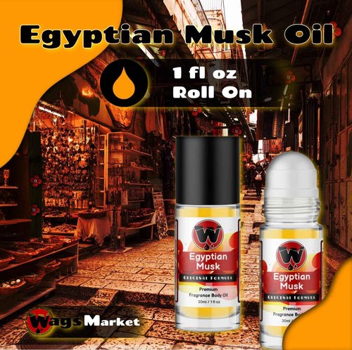 WagsMarket Egyptian Musk Oil, Choose from Roll On to 0.33oz - 4oz Glass Bottle, (1oz Roll On)