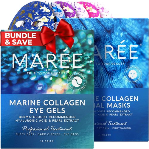 MAREE Eye Gels & Facial Masks Bundle - Under Eye Gels for Puffy Eyes and Dark Circles, Sheet Moisturizing Masks - Marine Collagen & Hyaluronic Acid, Green & Red Algae Extract - for All Skin Types