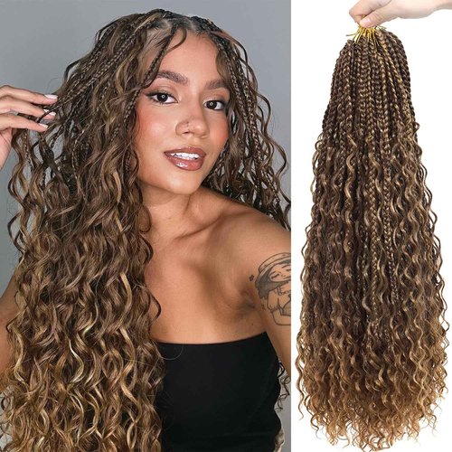 Goddess Bohemian Box Braids Crochet Hair 7 Packs 24 Inch Boho Crochet Braids for Black Women Pre Looped Braiding Hair with Curly Ends, M33/30/27