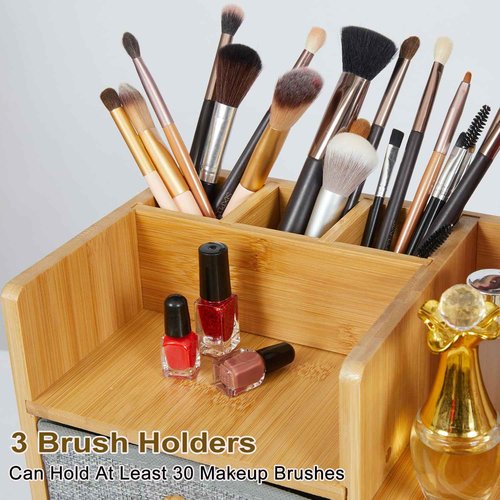 Large Bamboo Makeup Organizer For Vanity, Large Capacity 3 Tiers Bamboo Bathroom Counter Organizers and Storage, Countertop Make Up Skin Care Holder with 3 Brush Holders 3 Drawers 7 Compartments