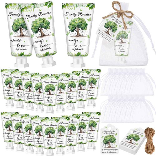 Dansib 60 Sets Family Reunion Favors Hand Lotion Cream Gifts Bulk Family Reunion Game Decorations with Card Organza Bags for Table Centerpieces Party Decor
