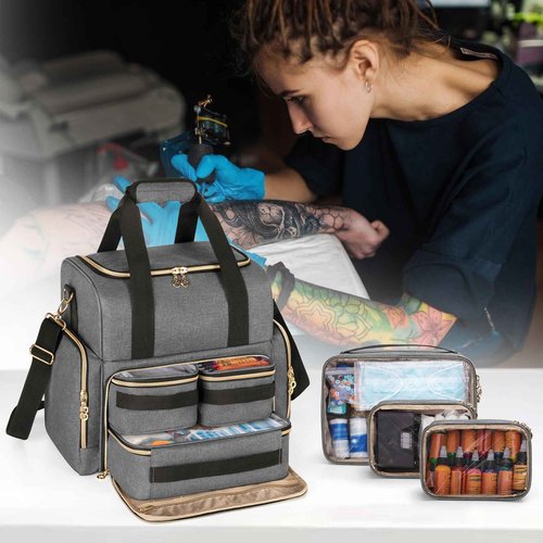 LUXJA Large Tattoo Travel Case with 3 Removable Pouches, Tattoo Supplies Organizer for Tattoo Stencil Printer and Tattoo Kit, Gray