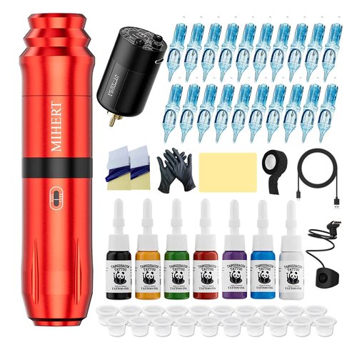MIHERT Tattoo Gun Kit with Wireless Rotary Tattoo Machine, 1500mAh Battery, 20 Tattoo Cartridge Needles, 7 Tattoo Inks, Tattoo pen for Beginners and Professionals (Red)