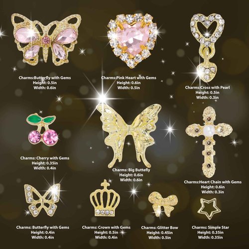40 PCS Gold Nail Charms Set Pink Rhinestone Butterfly Nail Gems Cherry Rose Cross Heart Charms for Nails Planet Bow Nail Decorations for Nail Design Nail Art Supply