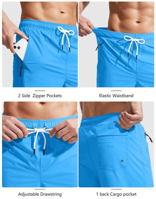 Viodia Men's Swim Trunks with Compression Liner Quick Dry Board Shorts Swimsuit Swimwear for Men with Zipper Pockets Blue