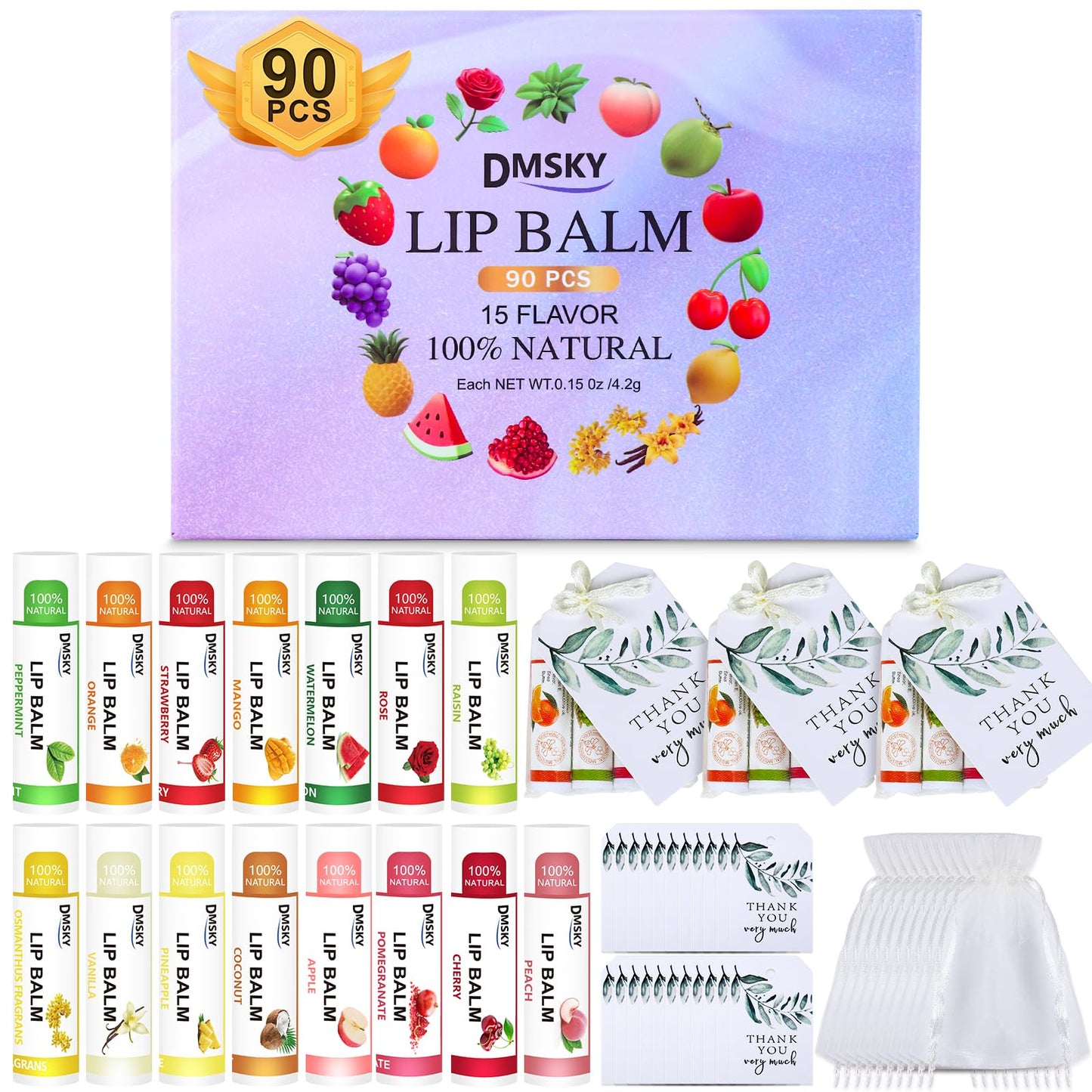 DMSKY 90 Pack Lip Balm, Natural Lip Balm Bulk with Vitamin E and Coconut Oil, Moisturizing Lip Balm for Chapped Lips, Bulk Lip Balm for Women-15 Flavors